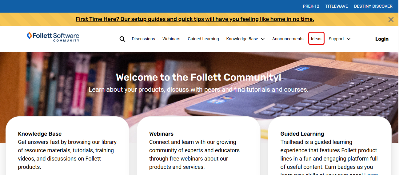 Follett Community homepage with Ideas highlighted.